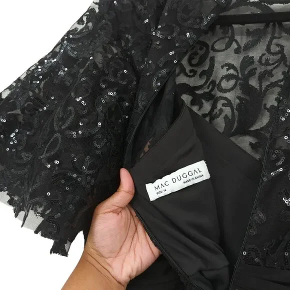 Mac Duggal Women 14 Embellished Butterfly Sleeve Gown Dress Black Sequins 68002